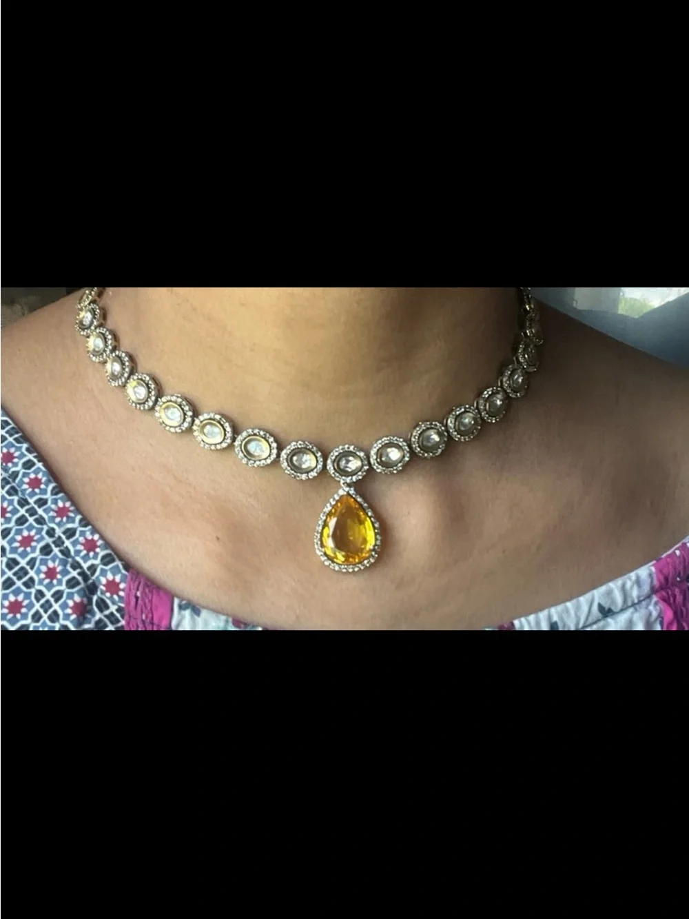 Gorgeous topaz 6.2CT tear drop antique gold plated necklace with clear crystals